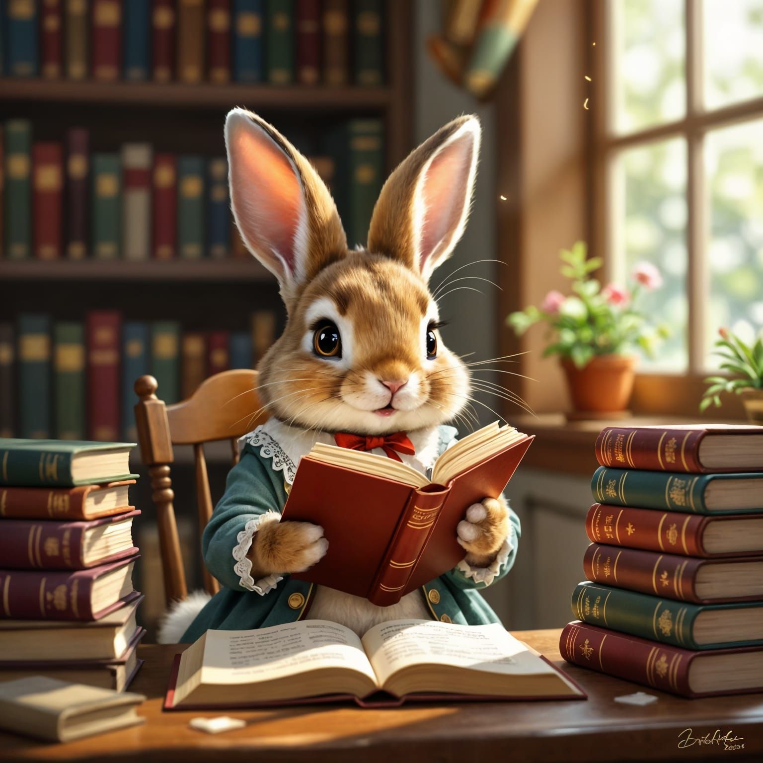 Quaint Rabbit Librarian in Fantasy Library