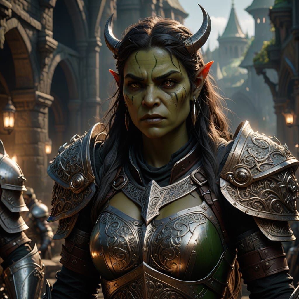 Ethereal Female Orc Emerges from Fantasy Battle Chaos