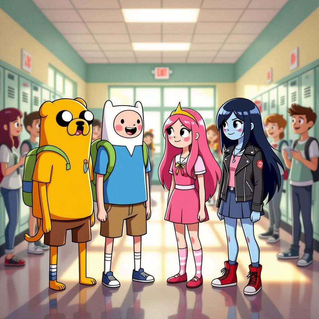 Adventure Time Humans at High School in Animated Style