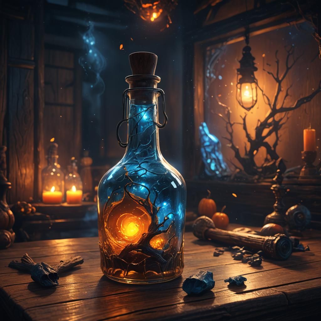 Eerie Halloween Scene in a Bottle: Fantasy Concept Art