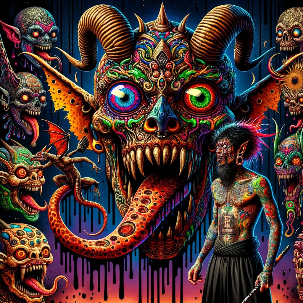 Gigantic Demonic Head with Surreal Monster Surroundings