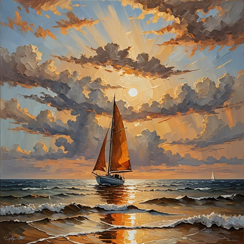 Impasto Seascape with Sailboat in Golden Light