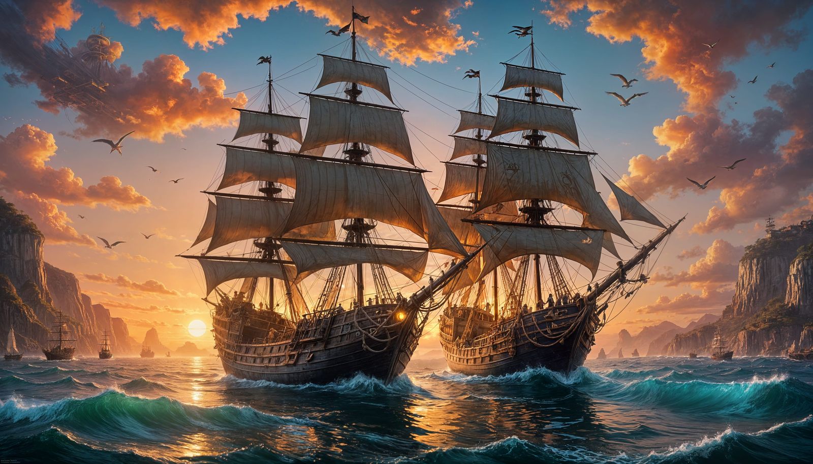 Vibrant Nautical Masterpiece of a Pirate Ship at Sunrise