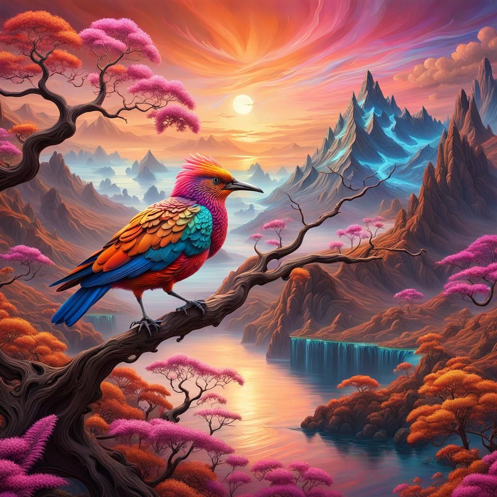 Otherworldly Bird on Branch in Epic Landscape