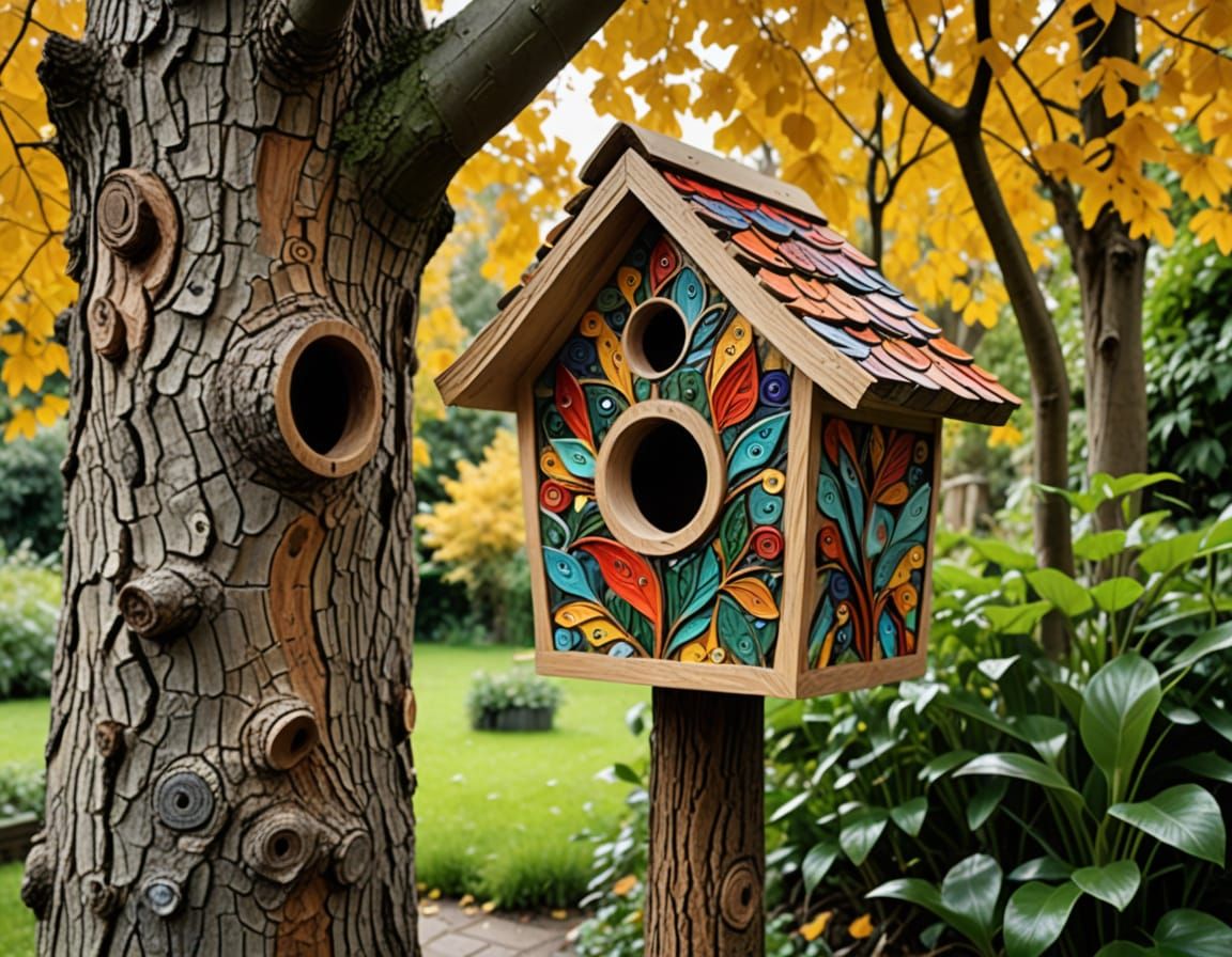 Magical Birdhouse on Tree Trunk, Artistic Design