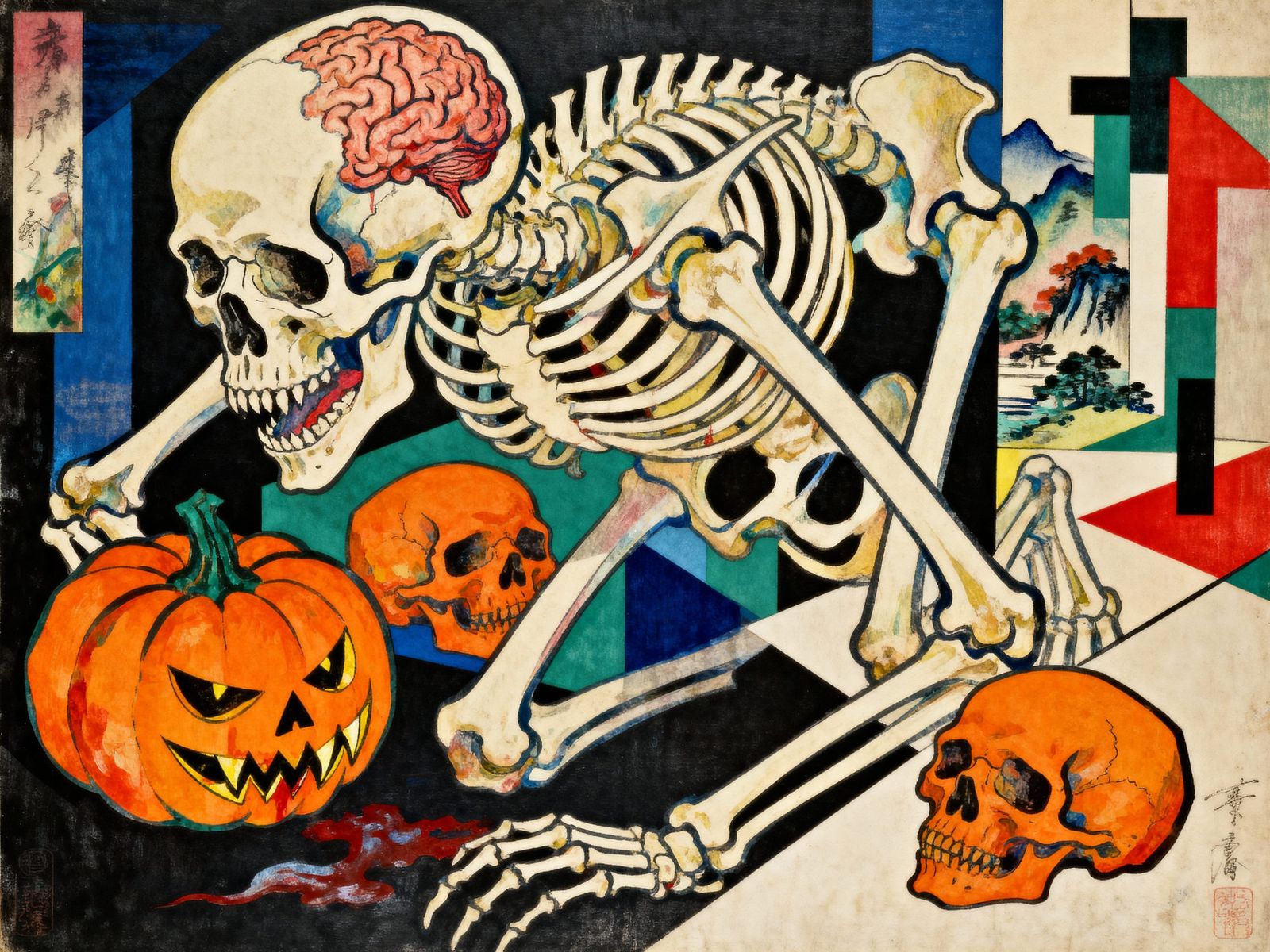 Surreal Horror Scene With Skeletons, Brains, and Fanged Pump...