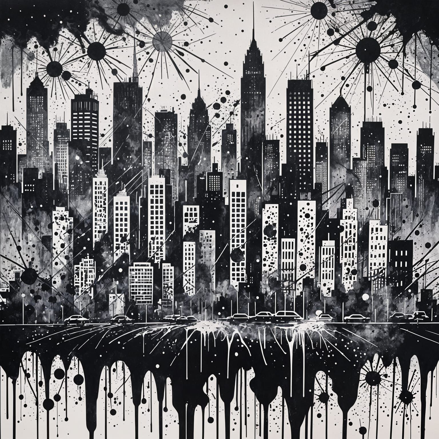 Ink Splatter Cityscape in Abstract Expressionist Style