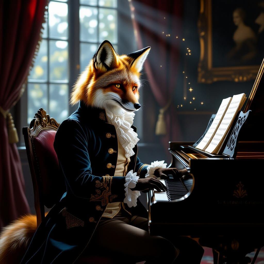 Aristocratic Fox Plays Harpsichord in Moonlit Salon