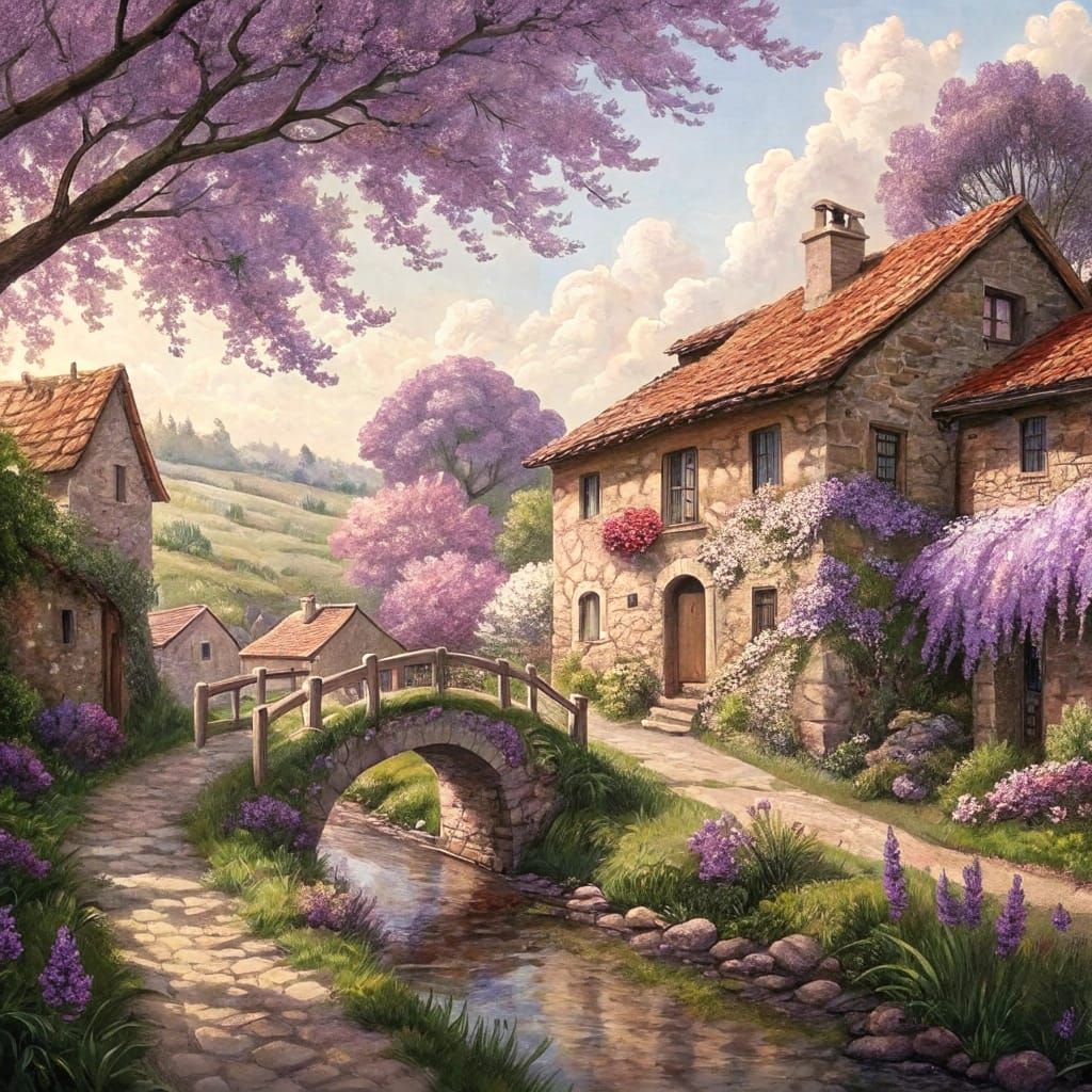 Whimsical Watercolor Village in Springtime