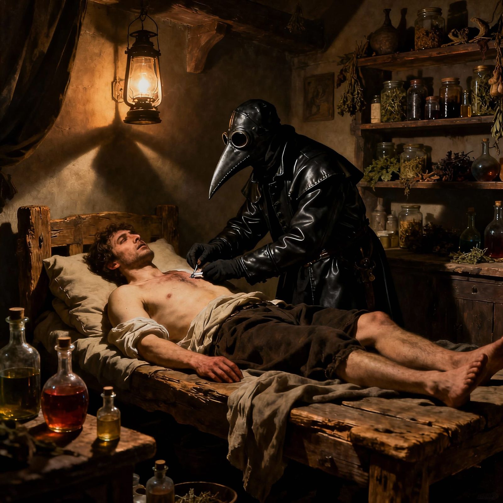 Plague Doctor Tends Victim in Dim Medieval Apothecary