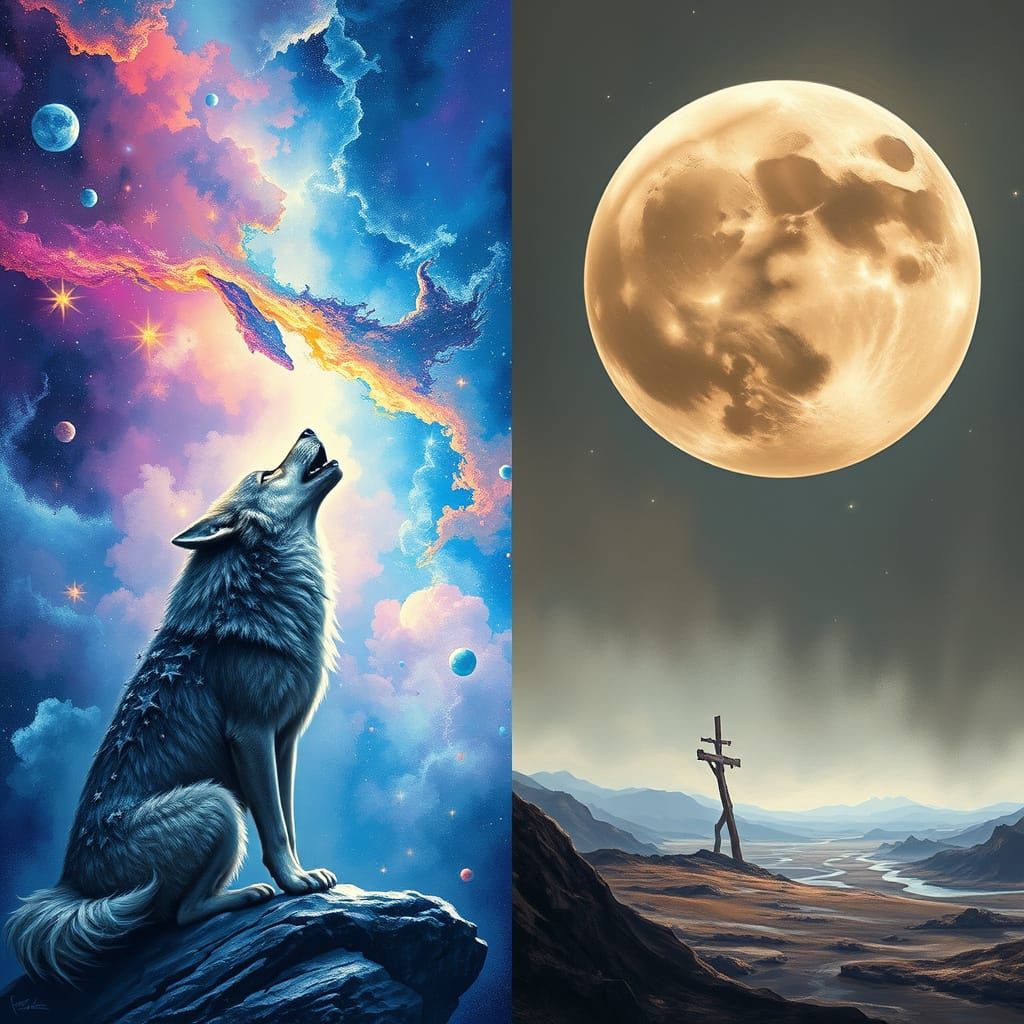 Celestial Wolf Between Nebula and Barren Planet