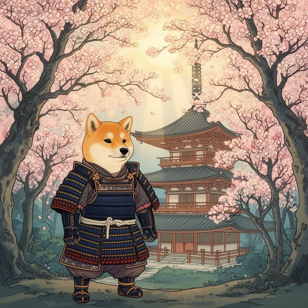 Shiba Inu Samurai Before Cherry Blossom Pagoda