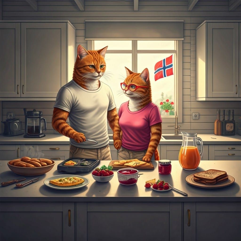 Cats Prepare Breakfast in Norwegian Cabin, Digital Art