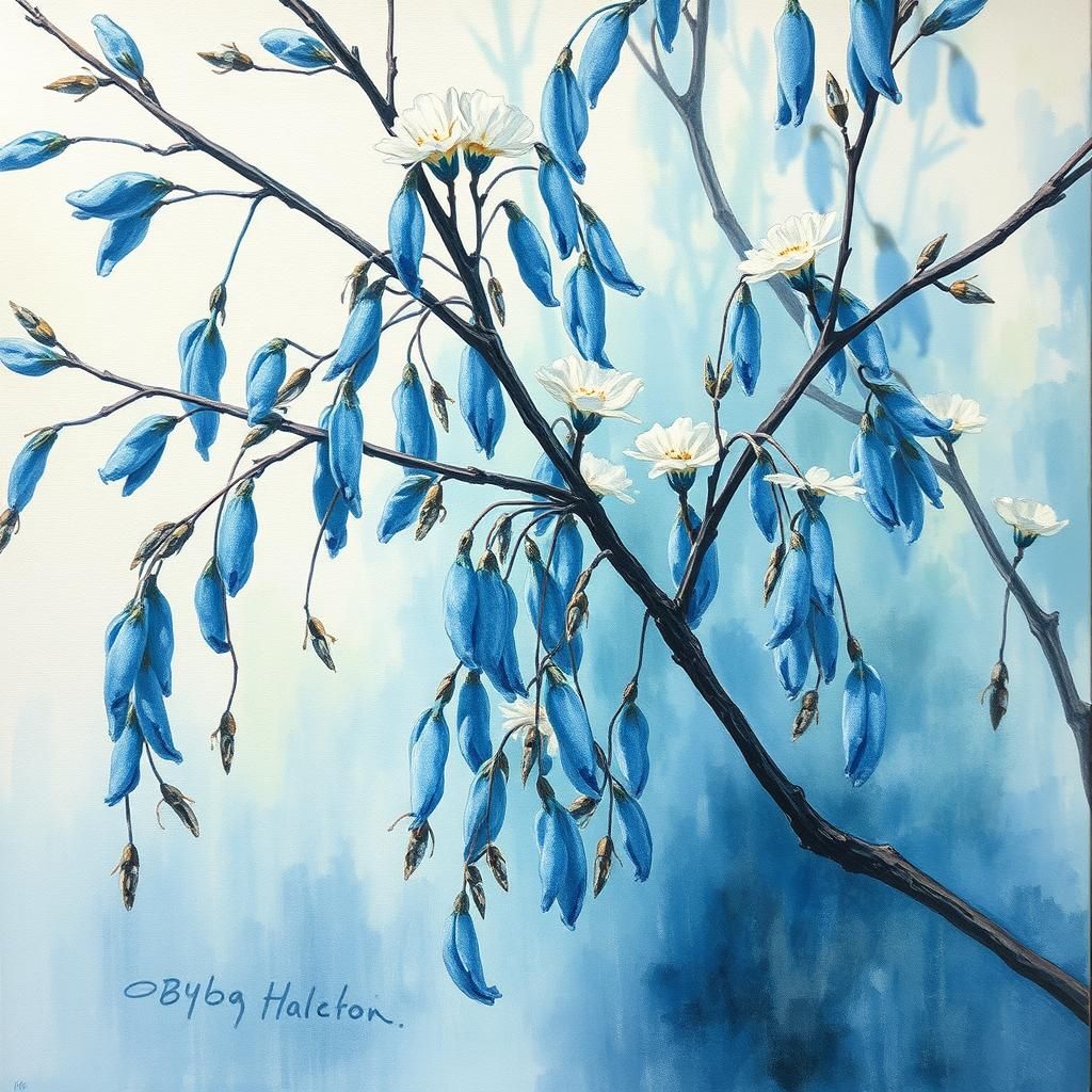 Blue Willow Branches in Gouache Impressionist Style