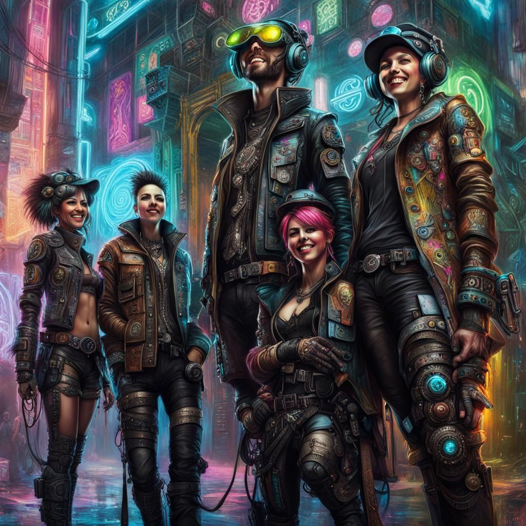 Biopunk Crowd Working in Neon Cyberpunk City