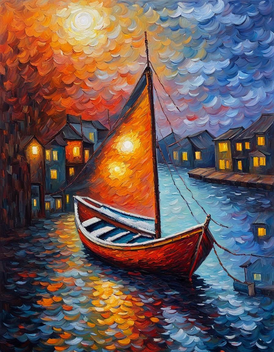 Stormy Night: Expressionist Boat Painting in Impasto Style