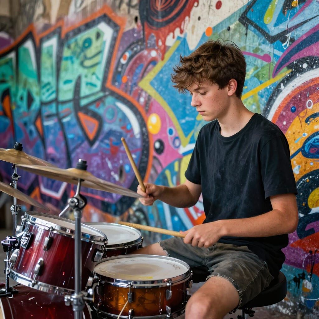 Teen Boy Rocks Out on Drums in Graffiti Art Style