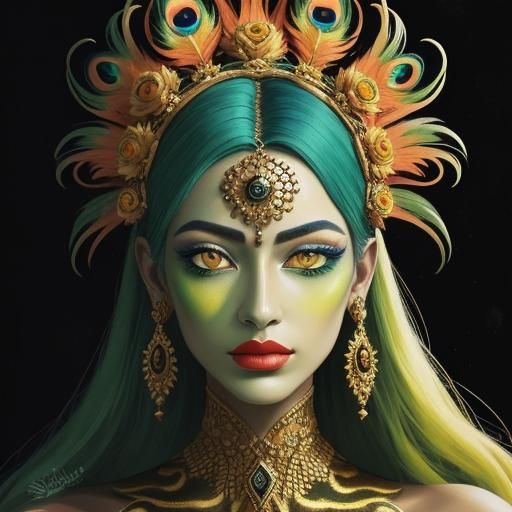 Surreal Gold Woman Portrait in Pointillism Style