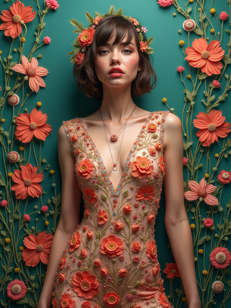 Wildflower Chic Fashion Dress in Futuristic Art Nouveau Styl...