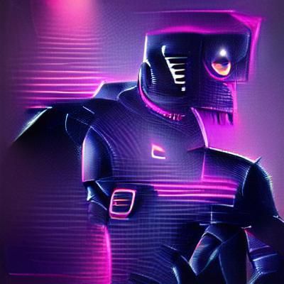Purplish Black Robot in Synthwave Neon Retro Style