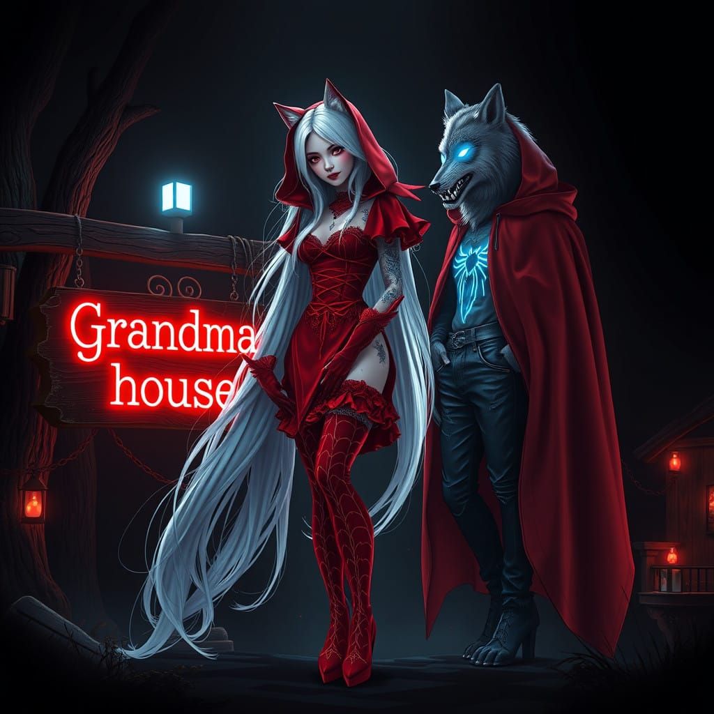 Gothic Red Riding Hood in a Mystical Red Cloak with Biolumin...
