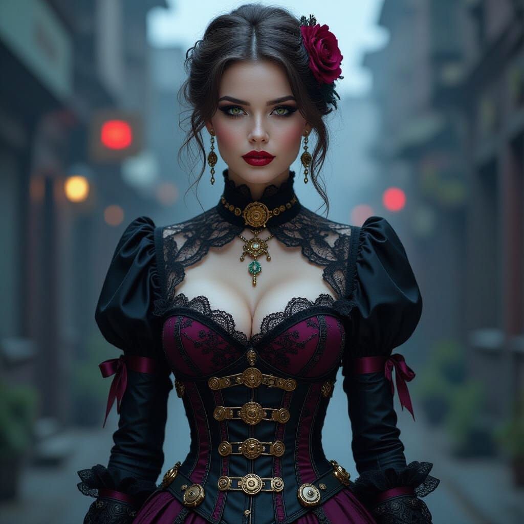 Steampunk-Goth Woman in Dystopian Setting