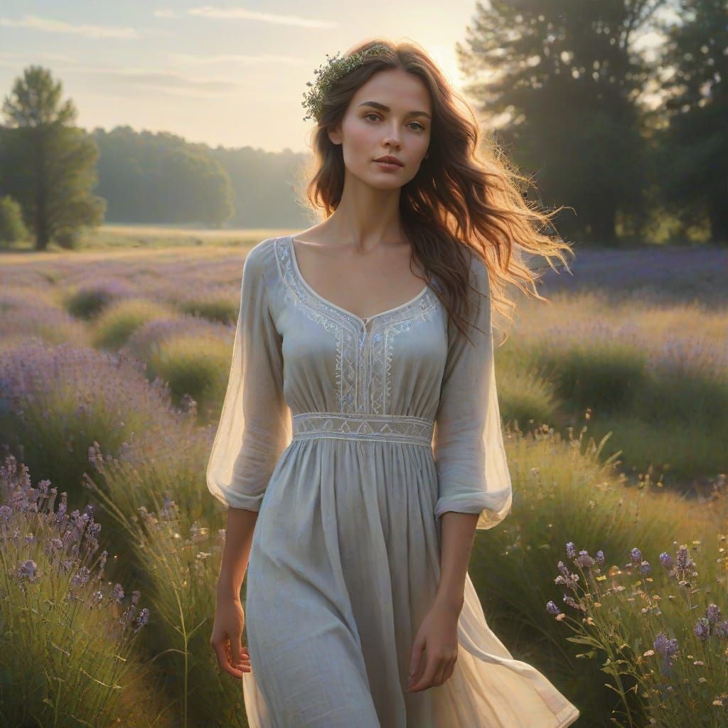 Ethereal Portrait of Woman in Meadow with Slavic Tattoos