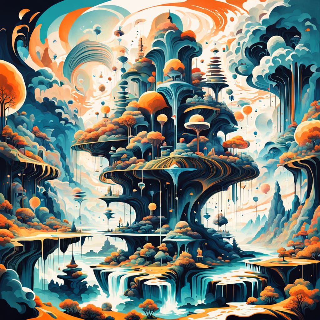 Surreal Inverted Gravity Landscape with Cosmic Sky