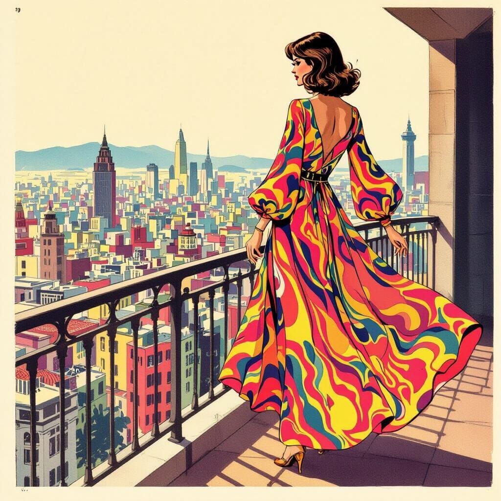 1970s Psychedelic Fashion Ad: Woman on Balcony