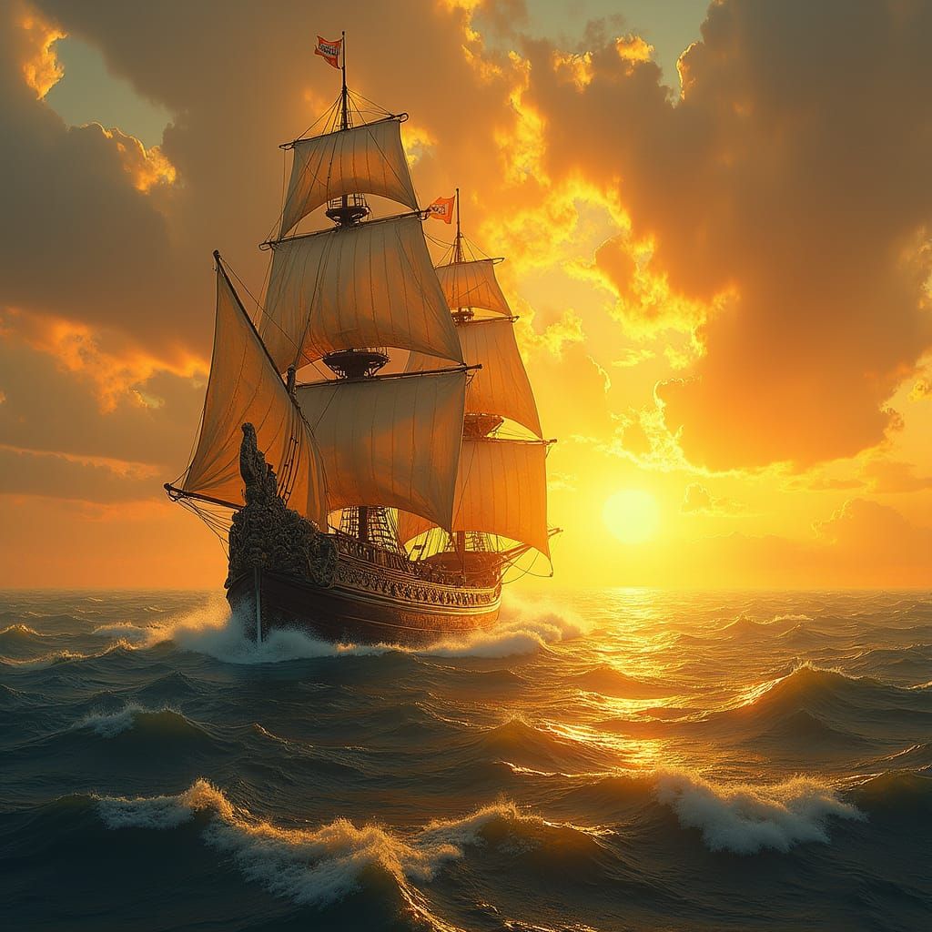 Majestic Frigate Sails Through Golden Sea in a Cyberpunk Dig...