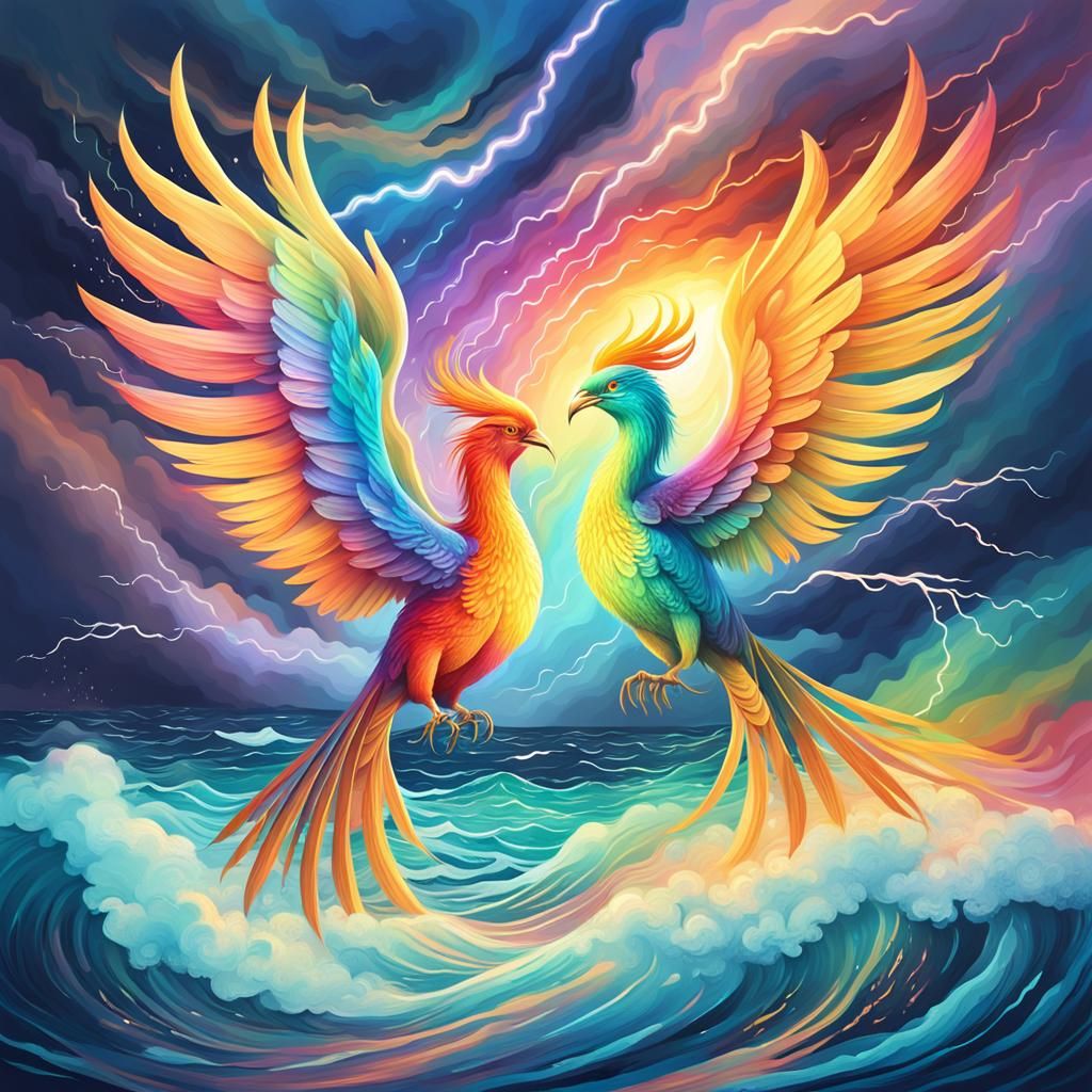 Rainbow Phoenix Birds Fly Over Stormy Sea