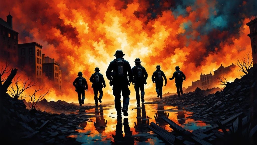 Firefighters in reflective gear rush towards a burning building