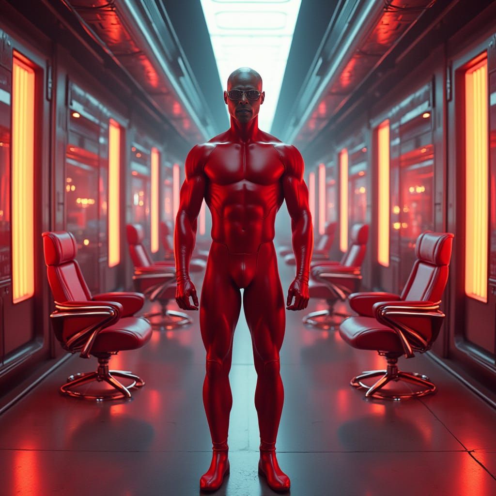 Confident Futuristic Man in Neon-Lit Industrial Setting