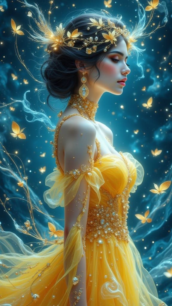 Surreal Woman in Transparent Yellow Dress with Blue Hues