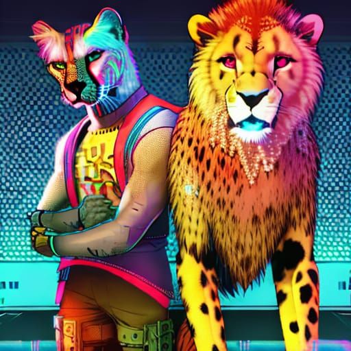 Cyberpunk Cheetah and Lion in Neon Cityscape