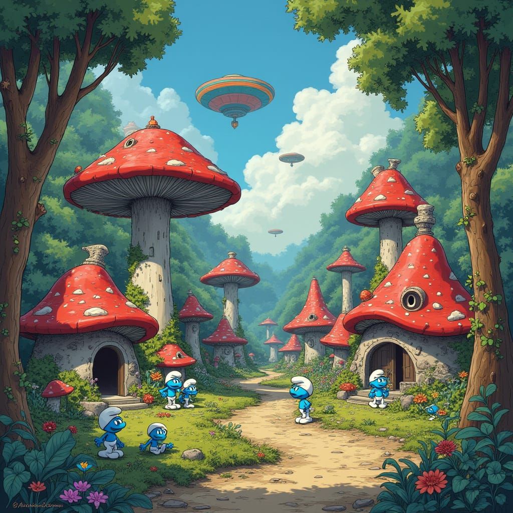 Smurf Village in Alien Jungle, Sci-Fi Fantasy Art