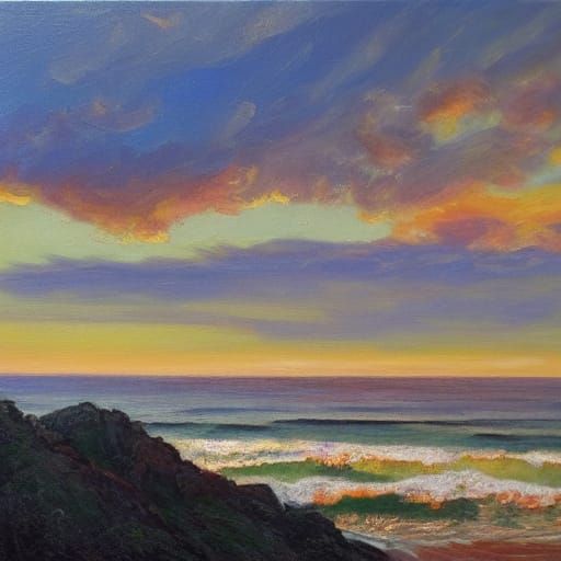 Impressionist Oil Painting of Dramatic Ocean Sunset from Cli...