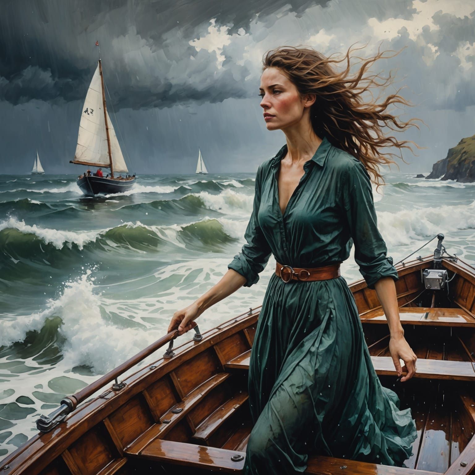 Woman Sailing in Storm, Acrylic and Watercolor Art