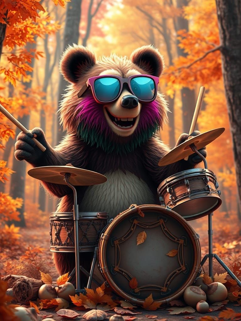 Playful Rocker Bear in Autumn Forest, Pixar Style