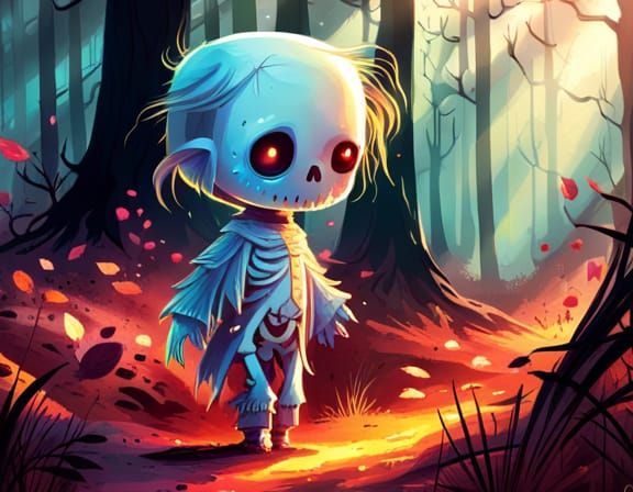 Chibi Skeleton in Spooky Forest Illustration