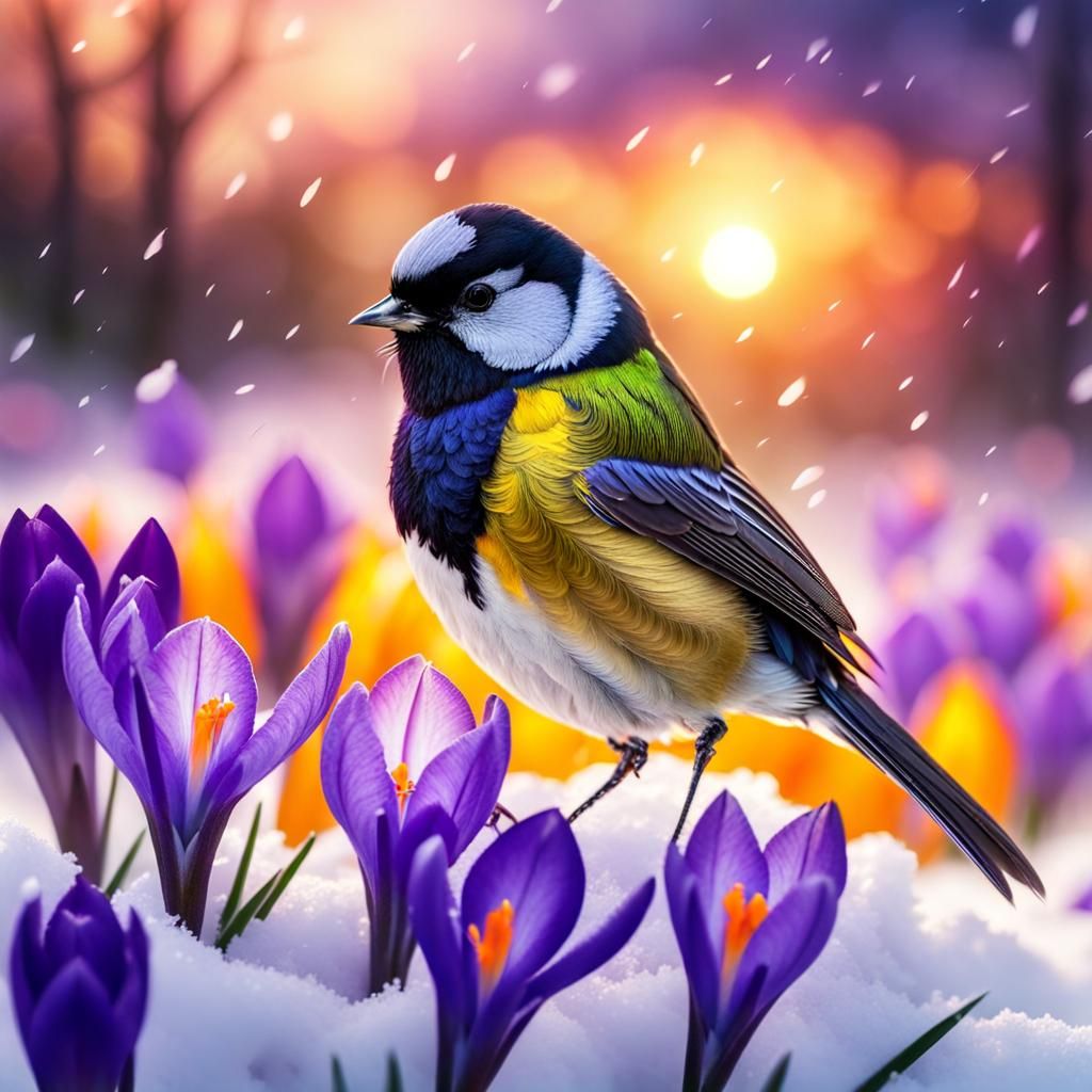 Tomtit in Snow with Iris and Crocus