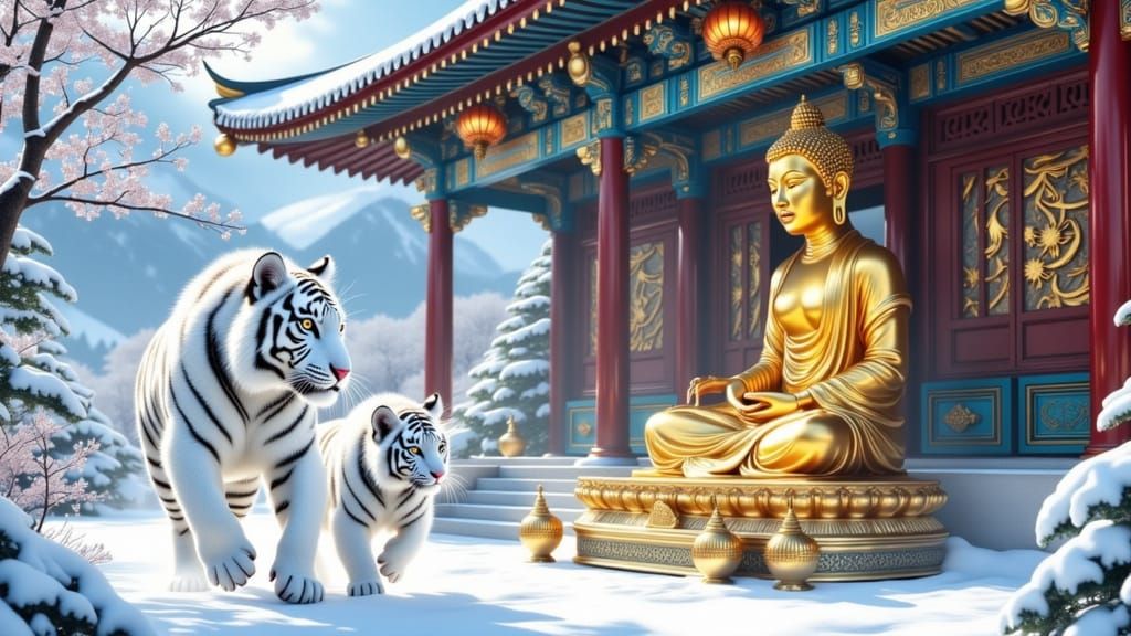 Snow Tiger Beside Chinese Temple and Golden Buddha