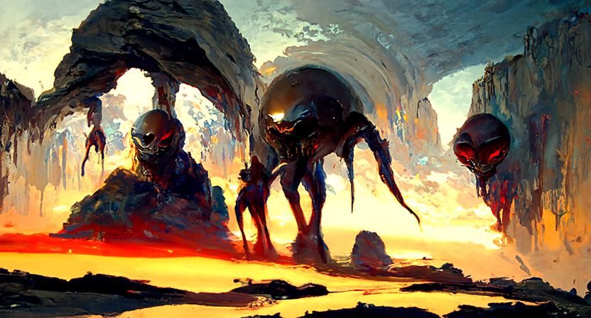 Alien Creatures Emerge in Sinister Sunset Landscape