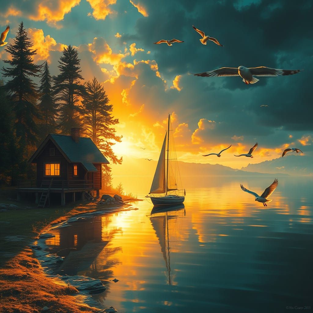 Cosmic Lakeside Retreat in Vibrant, Hyper-Realistic Style