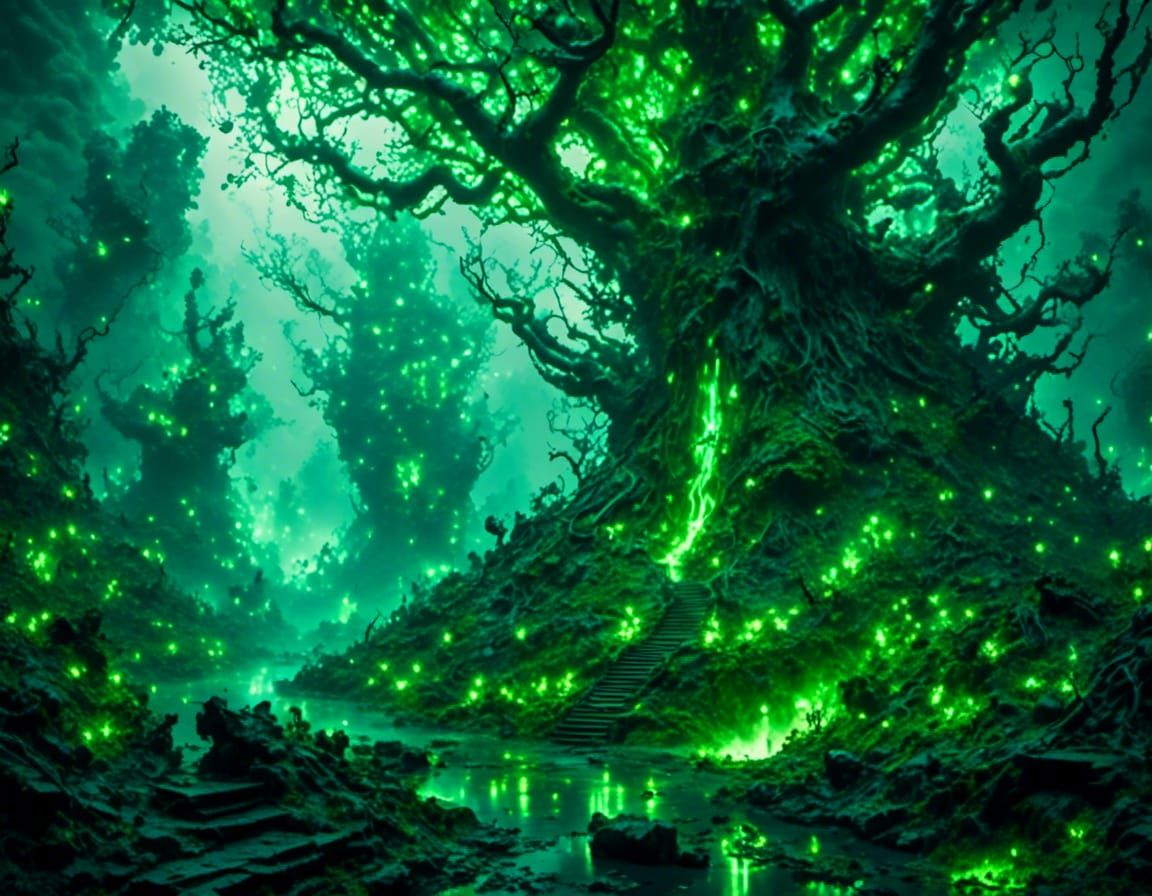 Dark Fantasy Forest with Glowing Elements