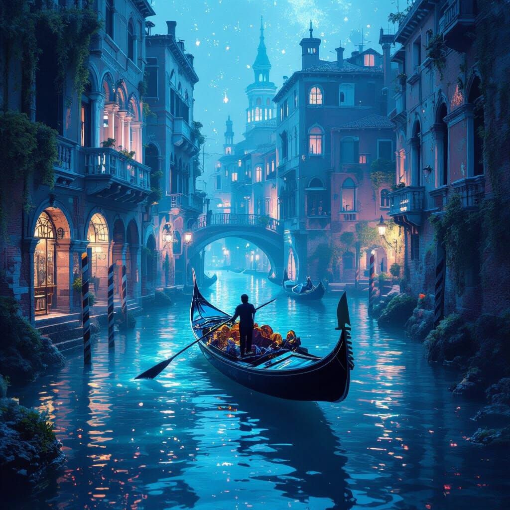 Bioluminescent Gondolier in Submerged Venice