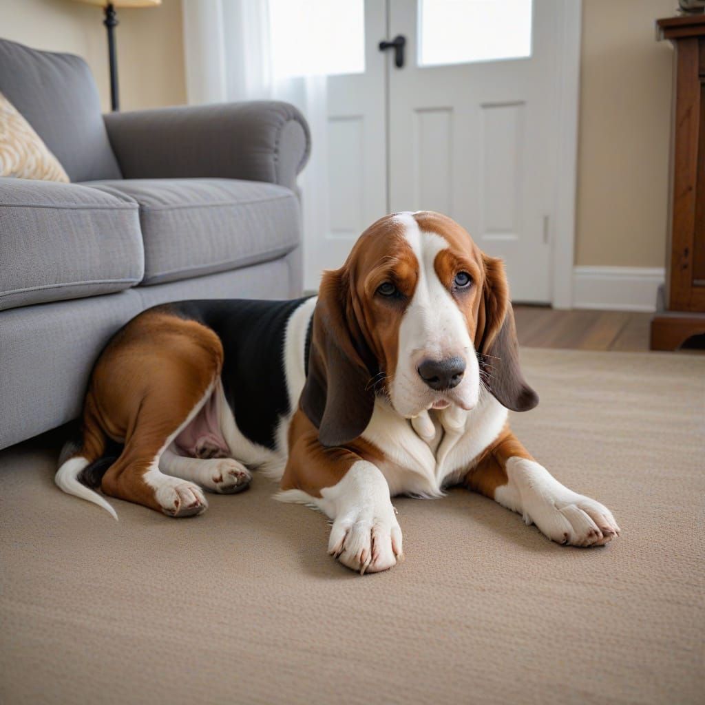 Cute Bassett Hound Curled Up At Grandpa's Feet