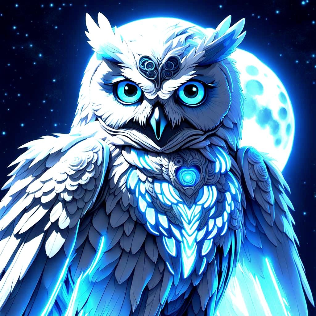 Neon Blue Owl Angel in Anime Style