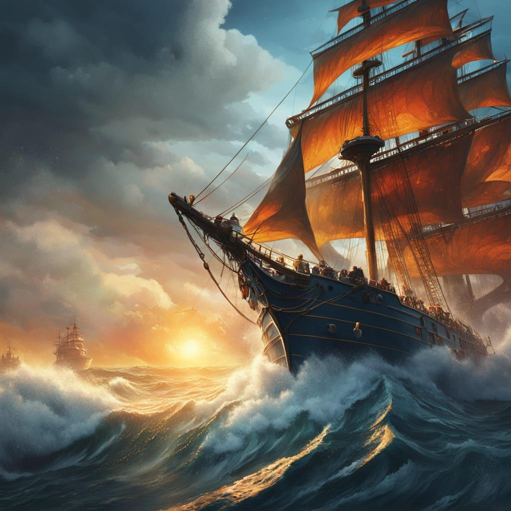 Sailor Navigates Turbulent Seas in Oil Painting Style