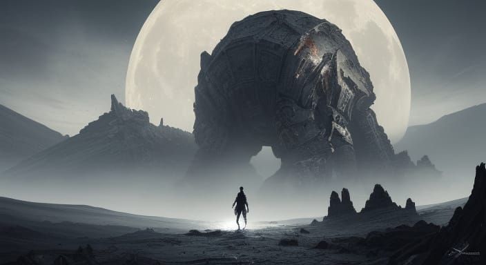 Lone Warrior on Alien Planet Gazing at Shattered Moon